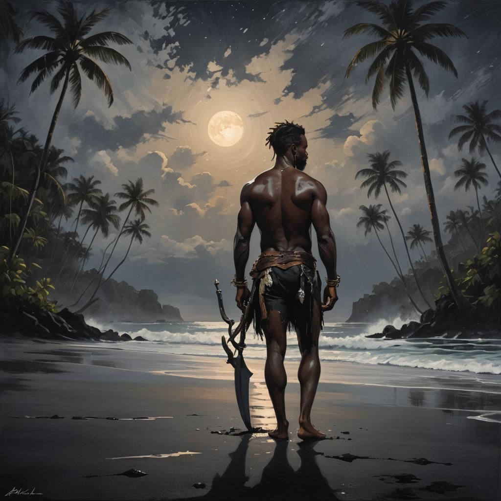 Moonlit Pirate on Black Sand Beach: Romanticism Art