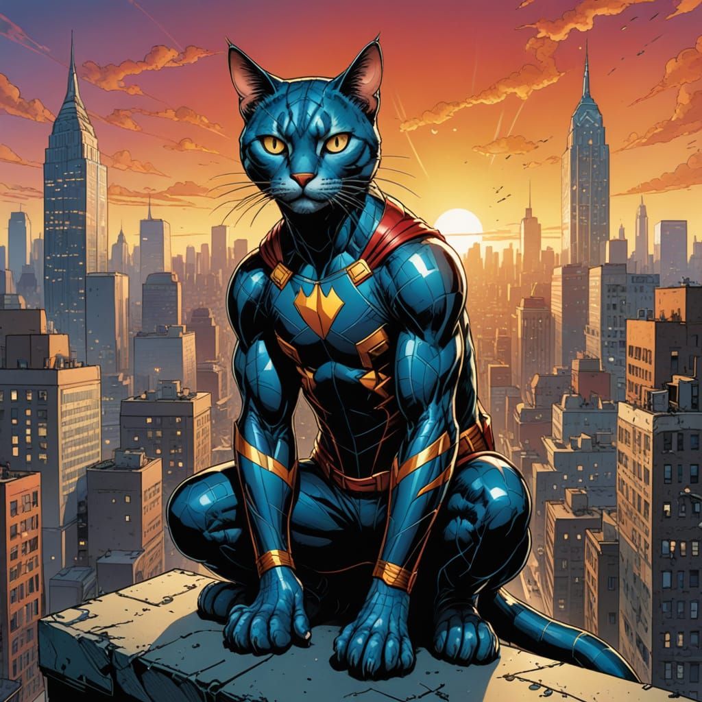 Comic Book Superhero Cat in Dynamic Cityscape