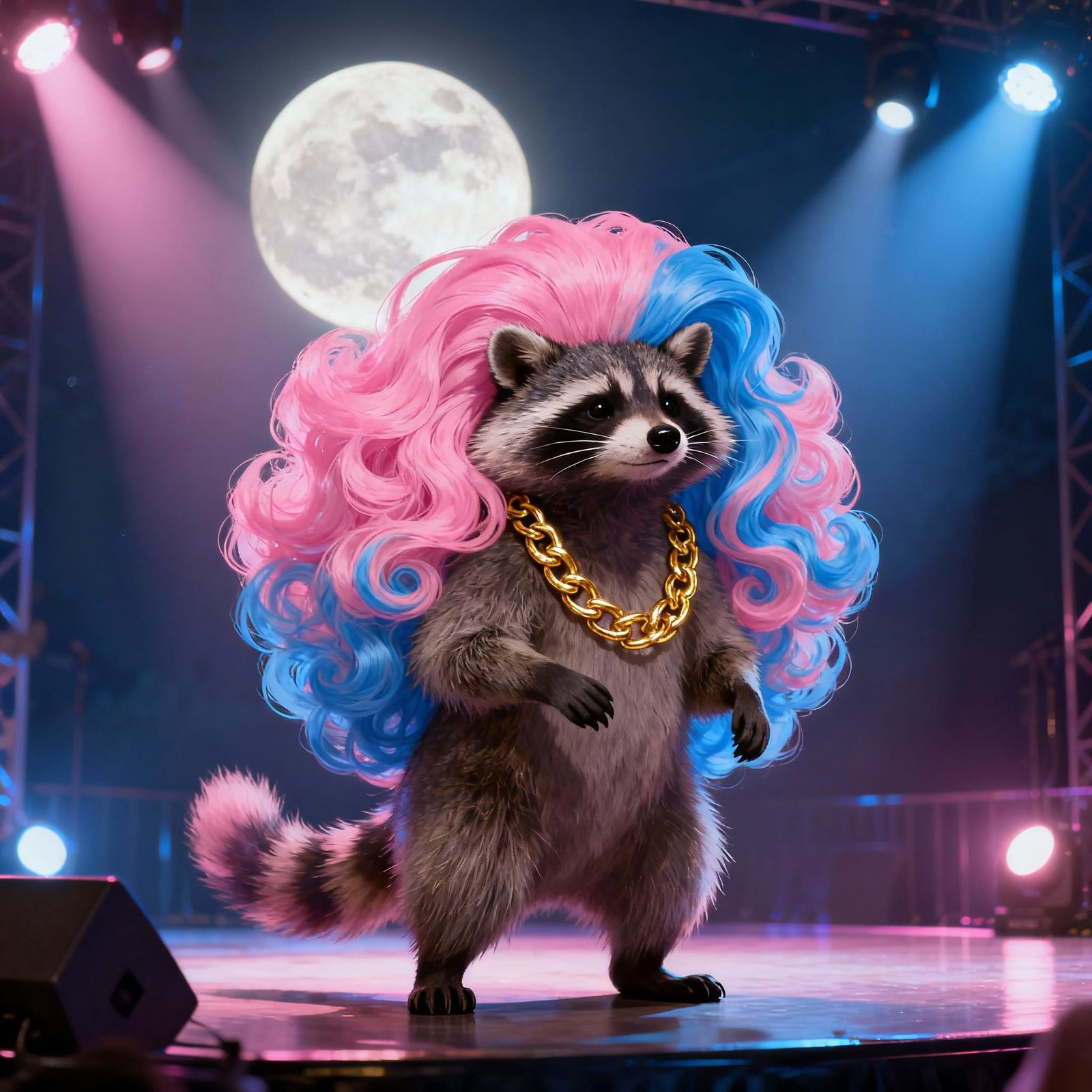 Raccoon in Pink and Blue Wig on Stage Under Full Moon