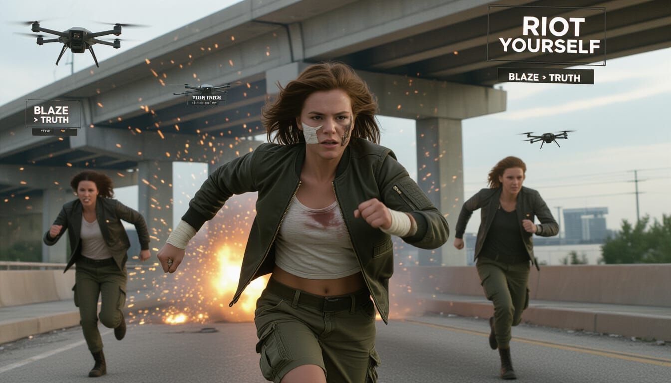 Rebellious Girl Sprinting Through Collapsing Overpass