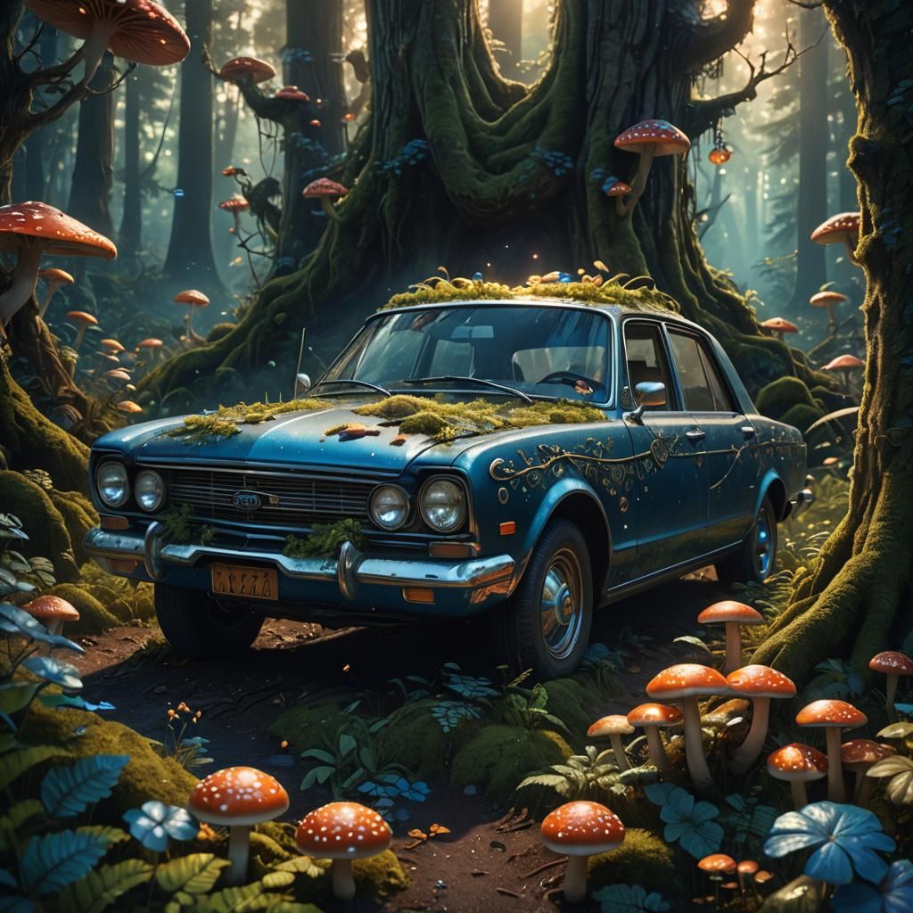 Ornate Car Ornament in Mystical Forest