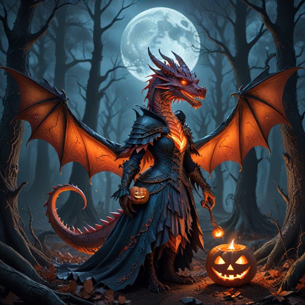 Friendly Red Dragon in Witch Costume with Jack-o'-Lantern