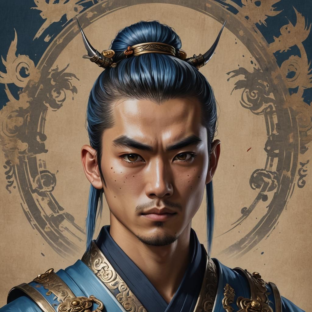 Asian Student in Samurai Armor, Hyperrealistic Portrait