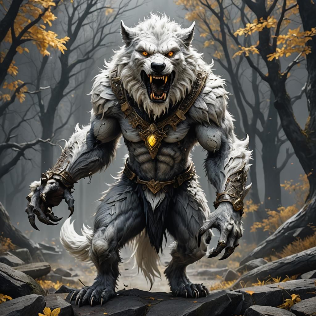 Savage Werewolf with White Fur and Yellow Eyes