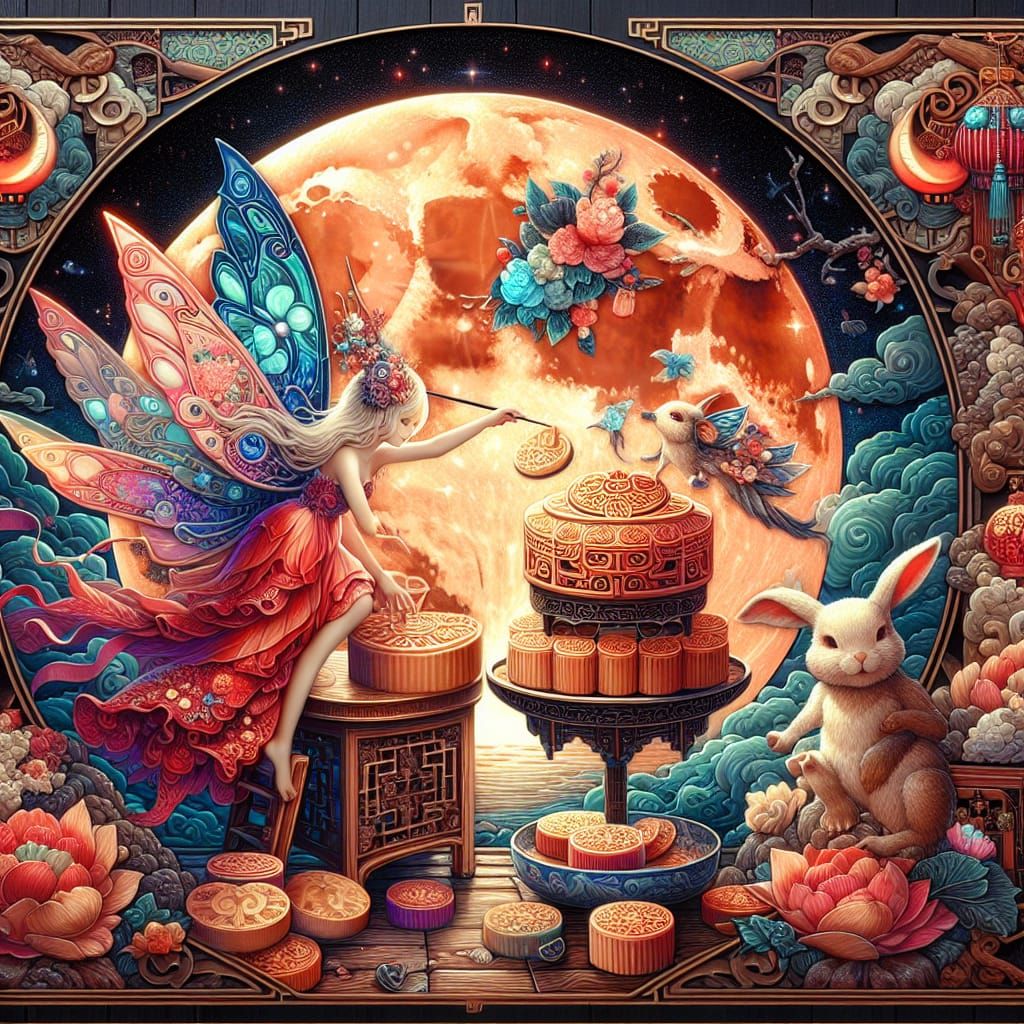 Fairy and Rabbit Mooncake Festival in Art Nouveau Style