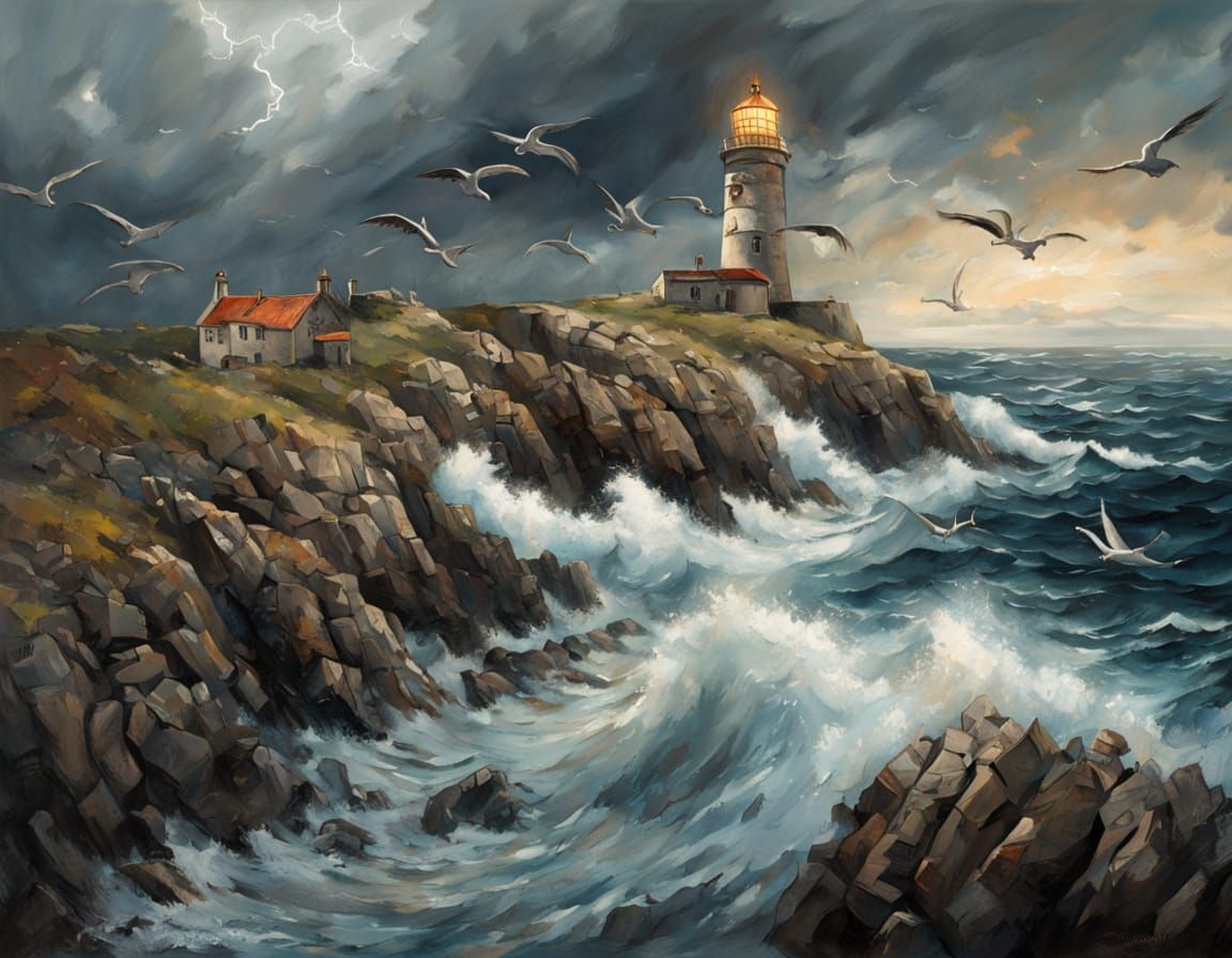 Lighthouse Graffiti Art on Rocky Shore