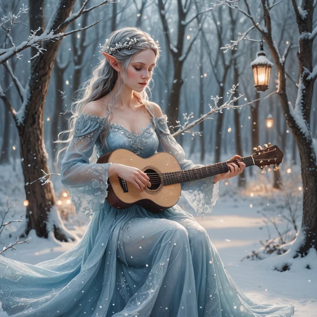 Whimsical Winter Fae Elf Plays Guitar in Snowy Serenity