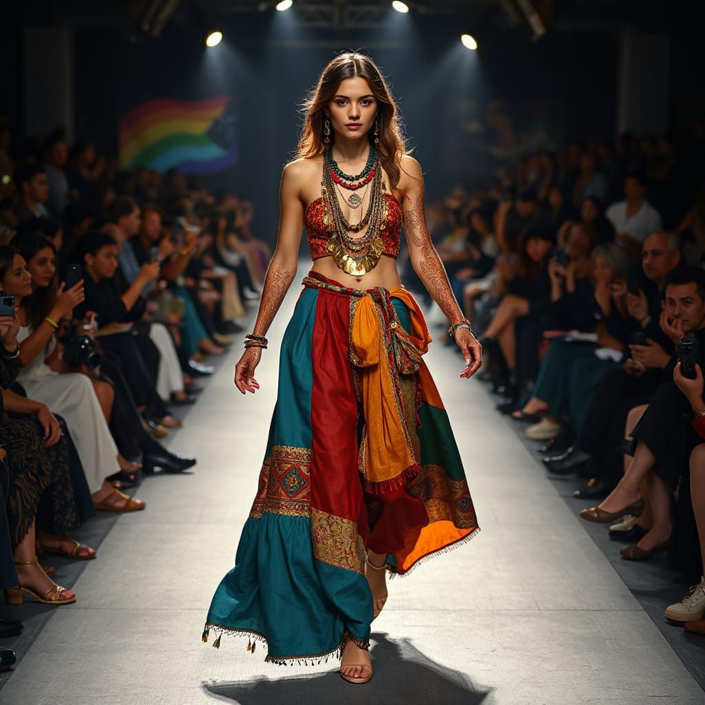 Bohemian Fashion Model Struts Runway in Vibrant Jewel-Tone H...