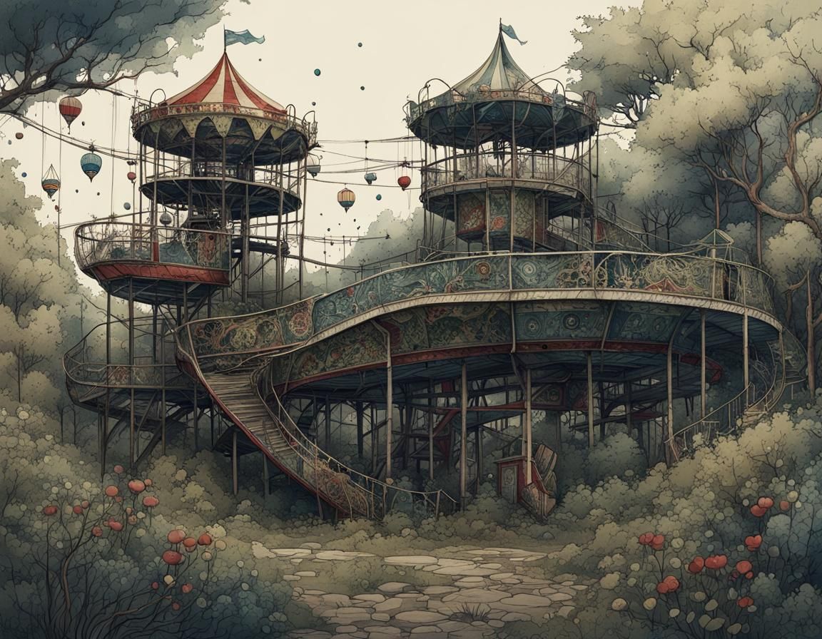 Overgrown Abandoned Amusement Park in Ink Art Style