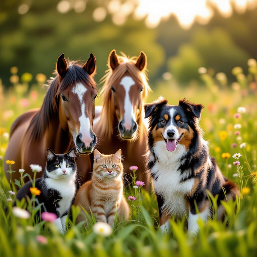 Dogs, Cats, and Horses in a Vibrant Meadow