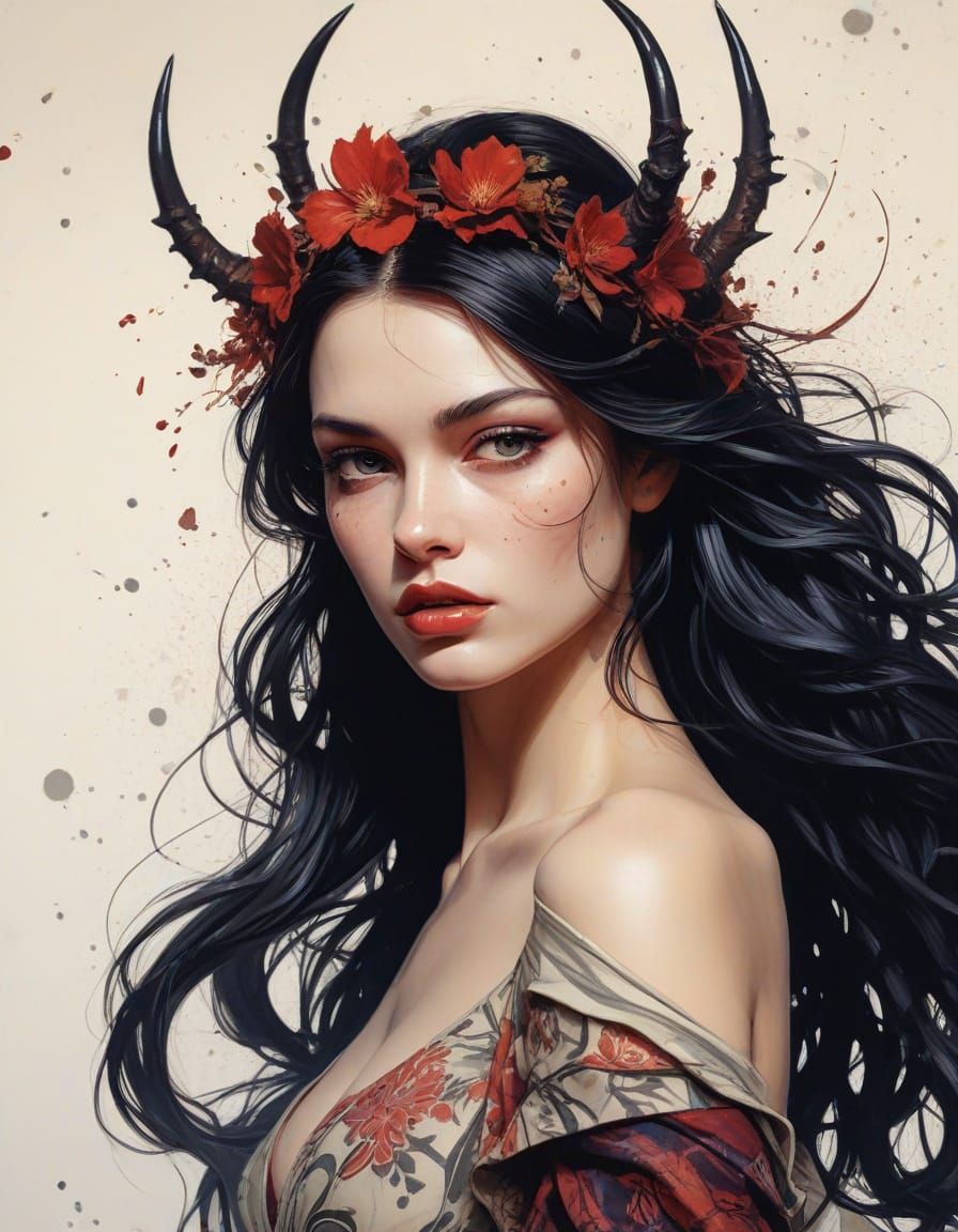 Seductive Femme Fatale in Corvidicon-Inspired Sumi-e Art