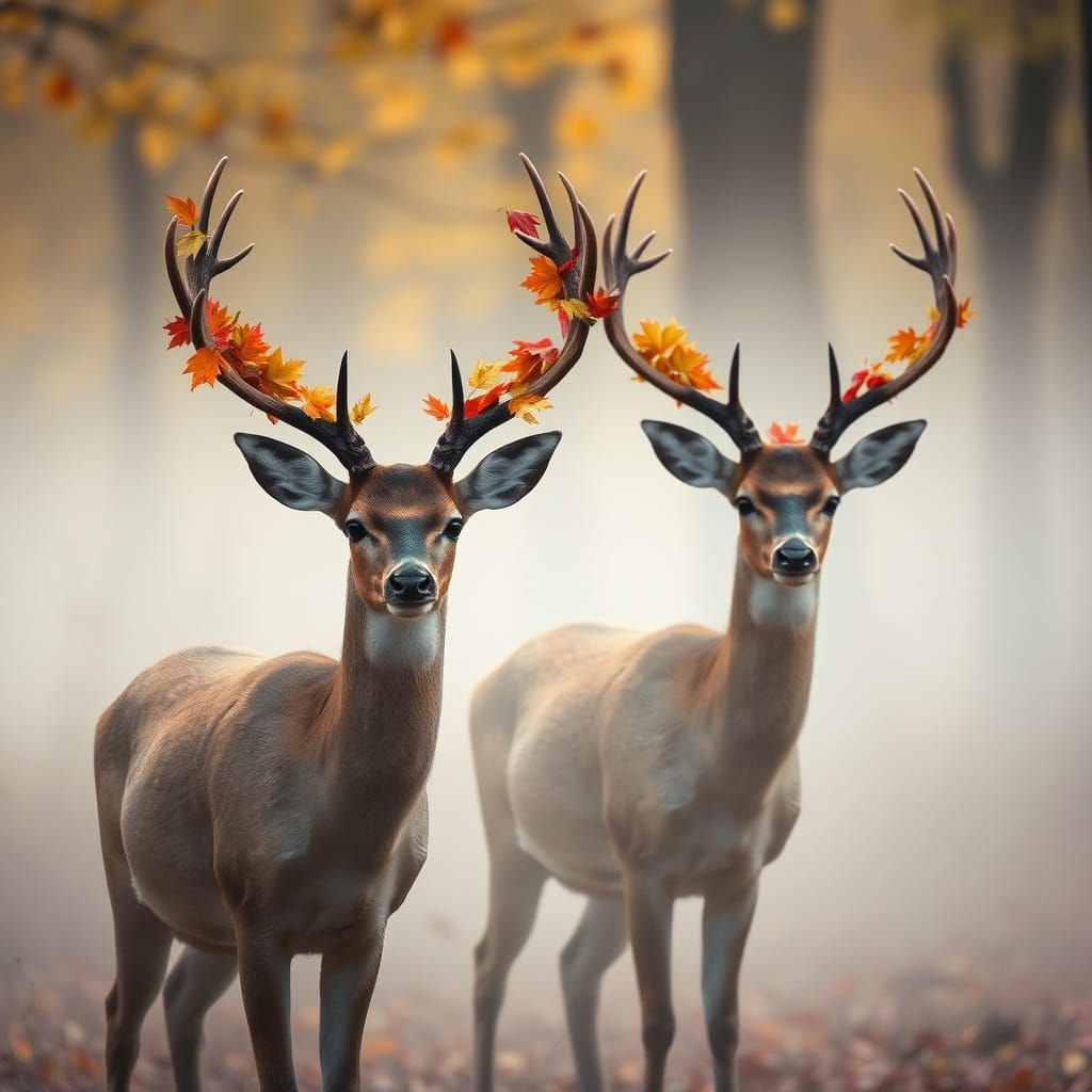 Deer with Autumn Leaves Antlers in Foggy Woodland
