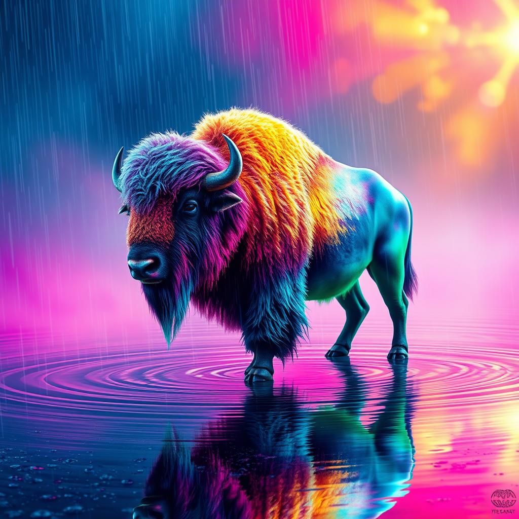 Rainbow Cosmic Bison in Surrealist Dreamscape