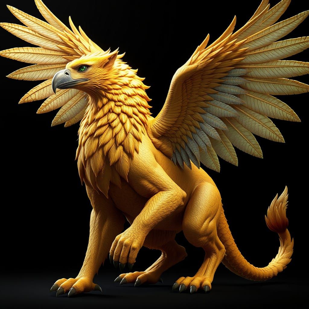 Majestic, Shimmering Griffin with Golden Fur and Eagle-Like....