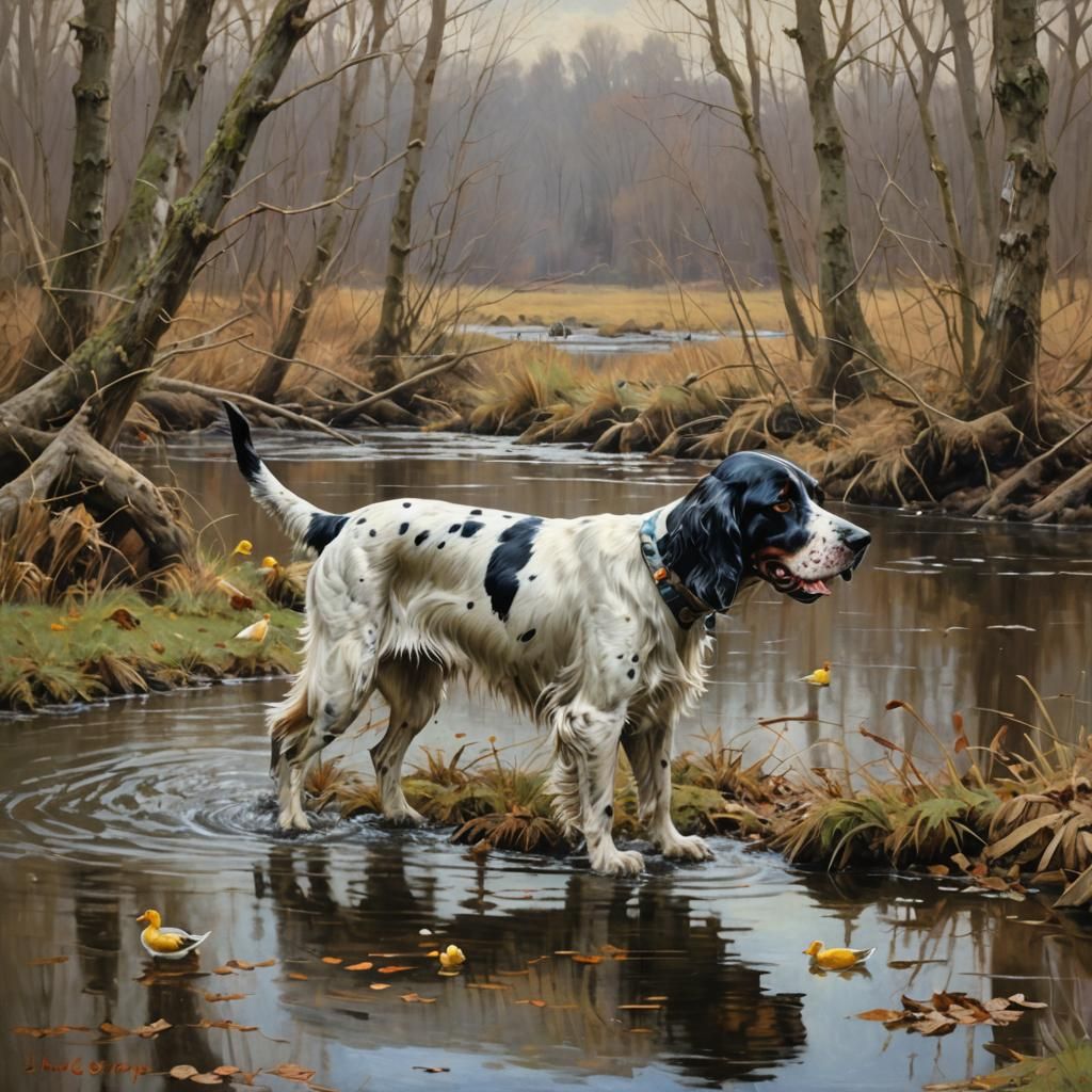 English Setter Hunting Dog in Oil Painting
