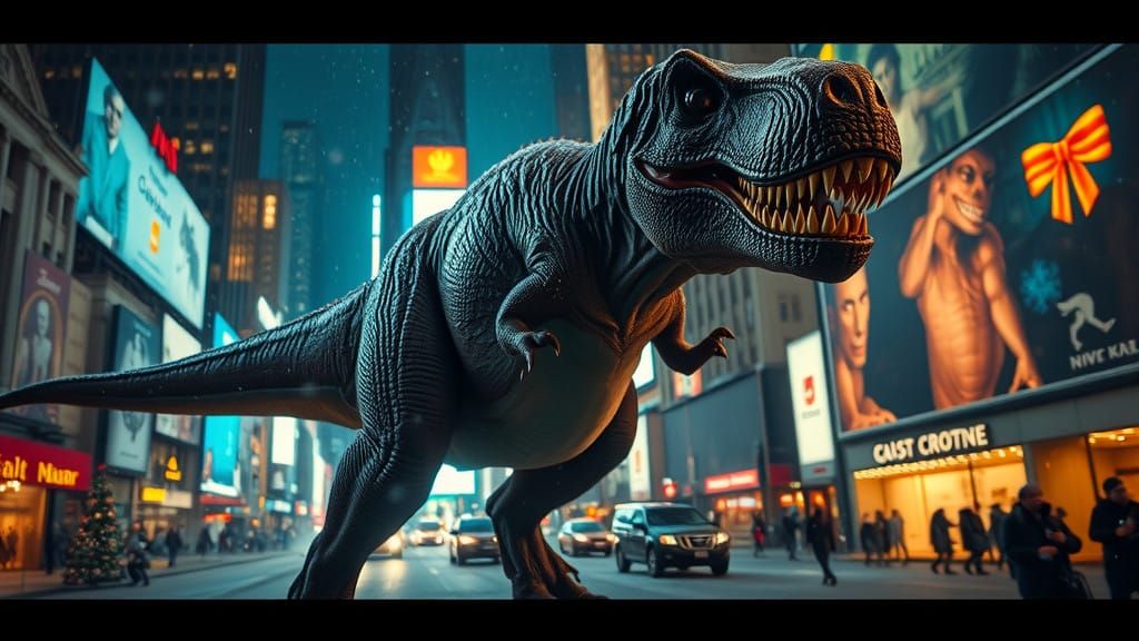 Cyberpunk T-Rex Wrecks Christmas in New York City