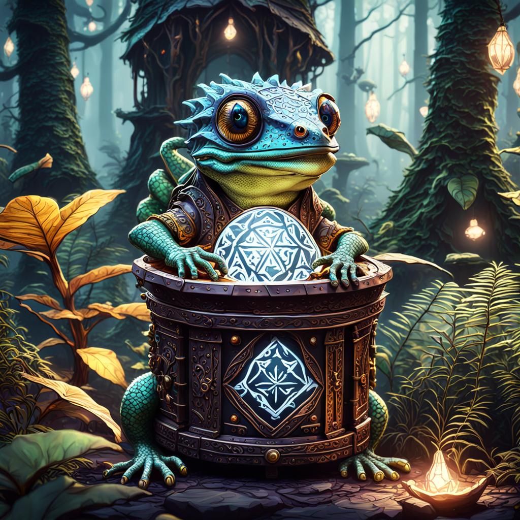 Gecko Fortune Teller in Dark Forest: Fantasy Art