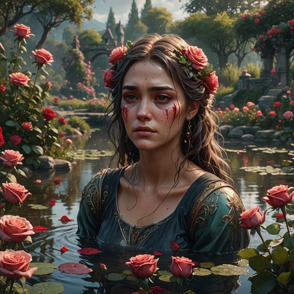 Woman Crying by Pond with Roses in Fantasy Art