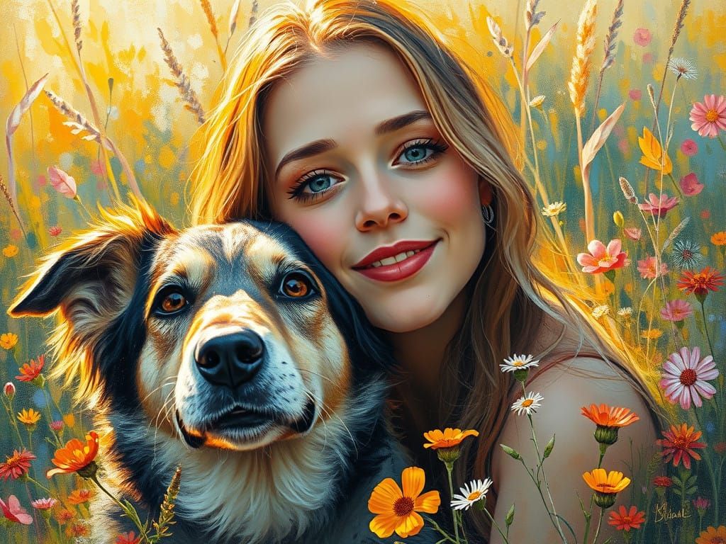 Serene Woman Surrounded by Vibrant Wildflowers in Soft Impre...