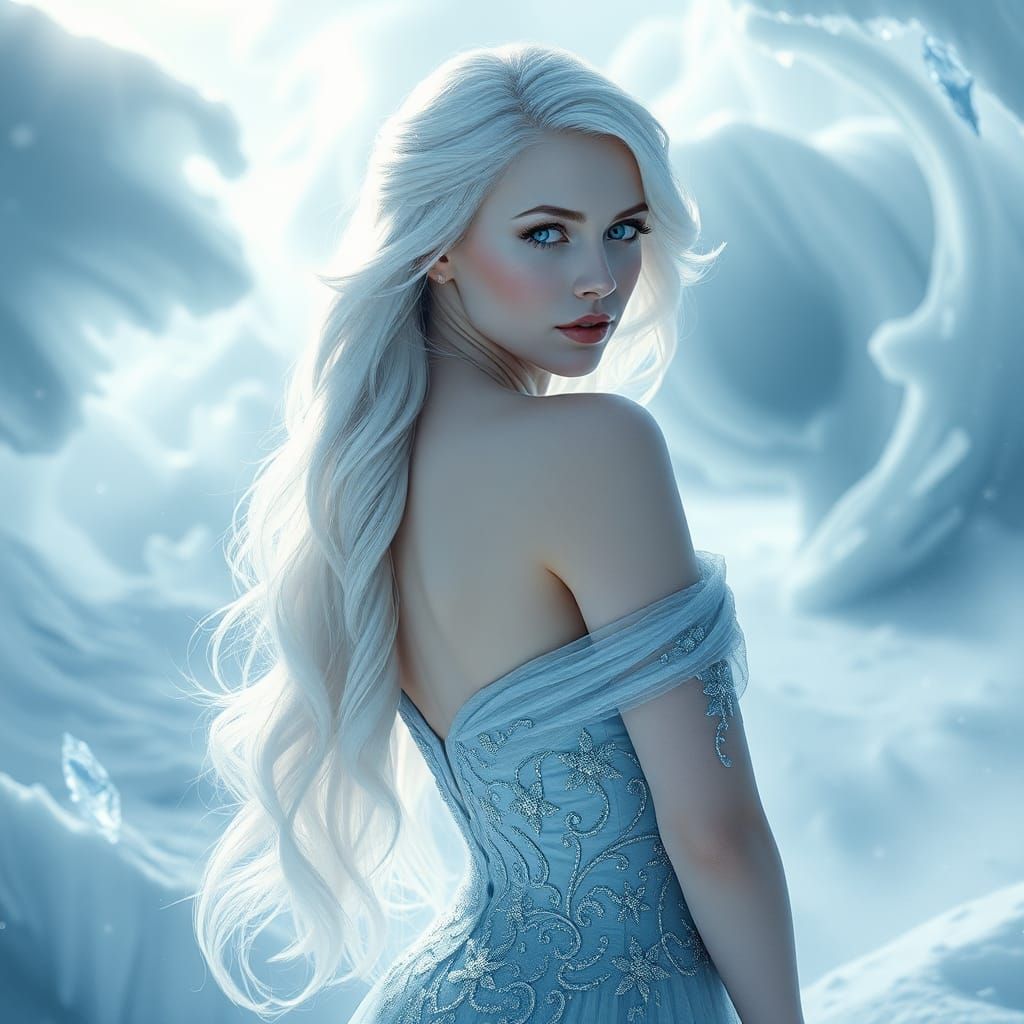 Regal Ice Queen with Glacial Eyes and Gown
