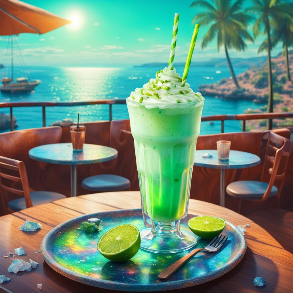Lime Milkshake in Cafe: Cosmic Astral Illustration