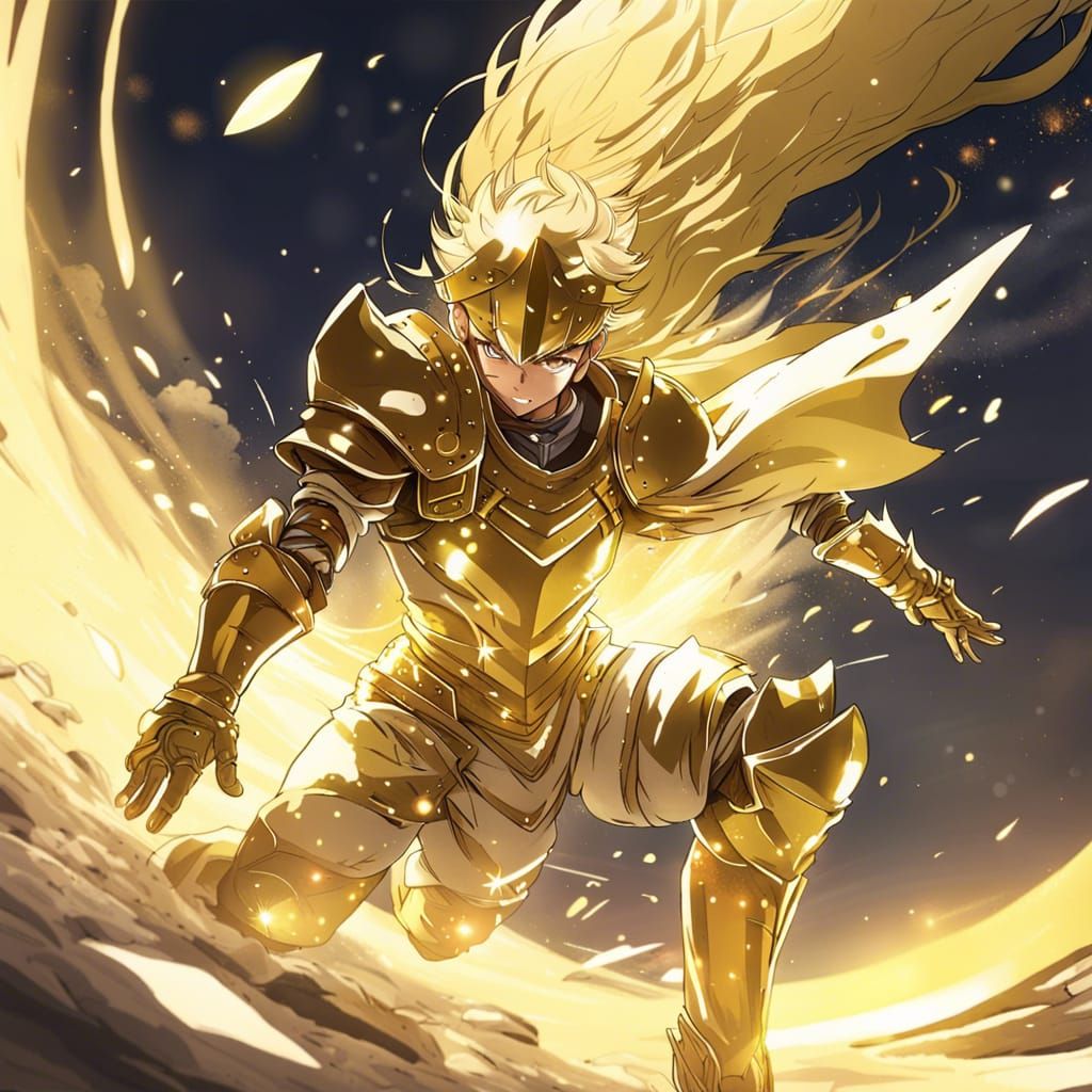 Golden Knight's Descent: Anime-Inspired Light Trail
