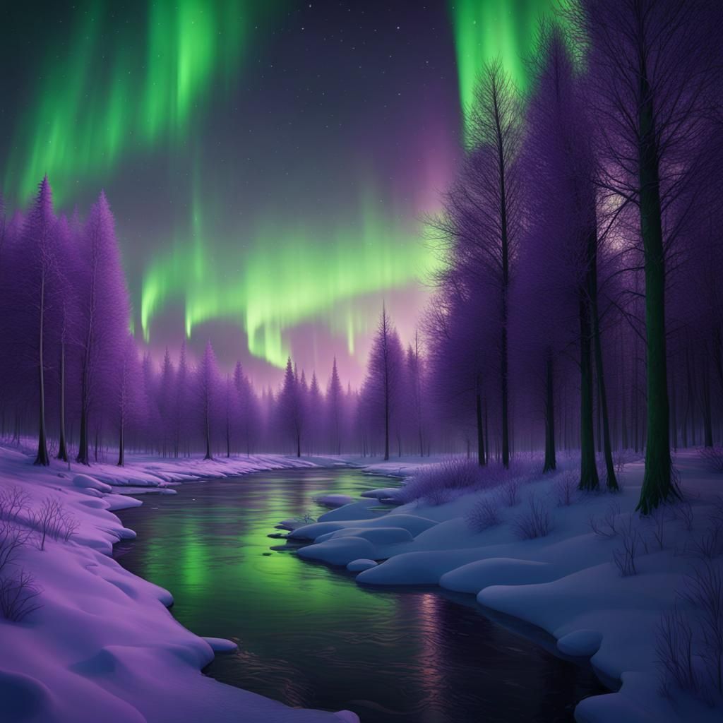 Aurora Borealis Over Snowy Forest, Fantasy Concept Art
