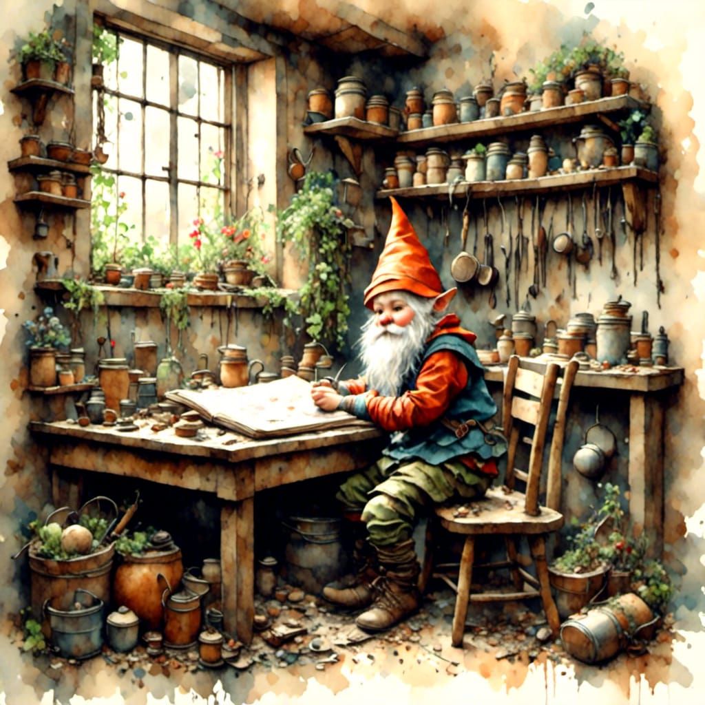 Adorable Gnome in Workshop, Antique Watercolor Style