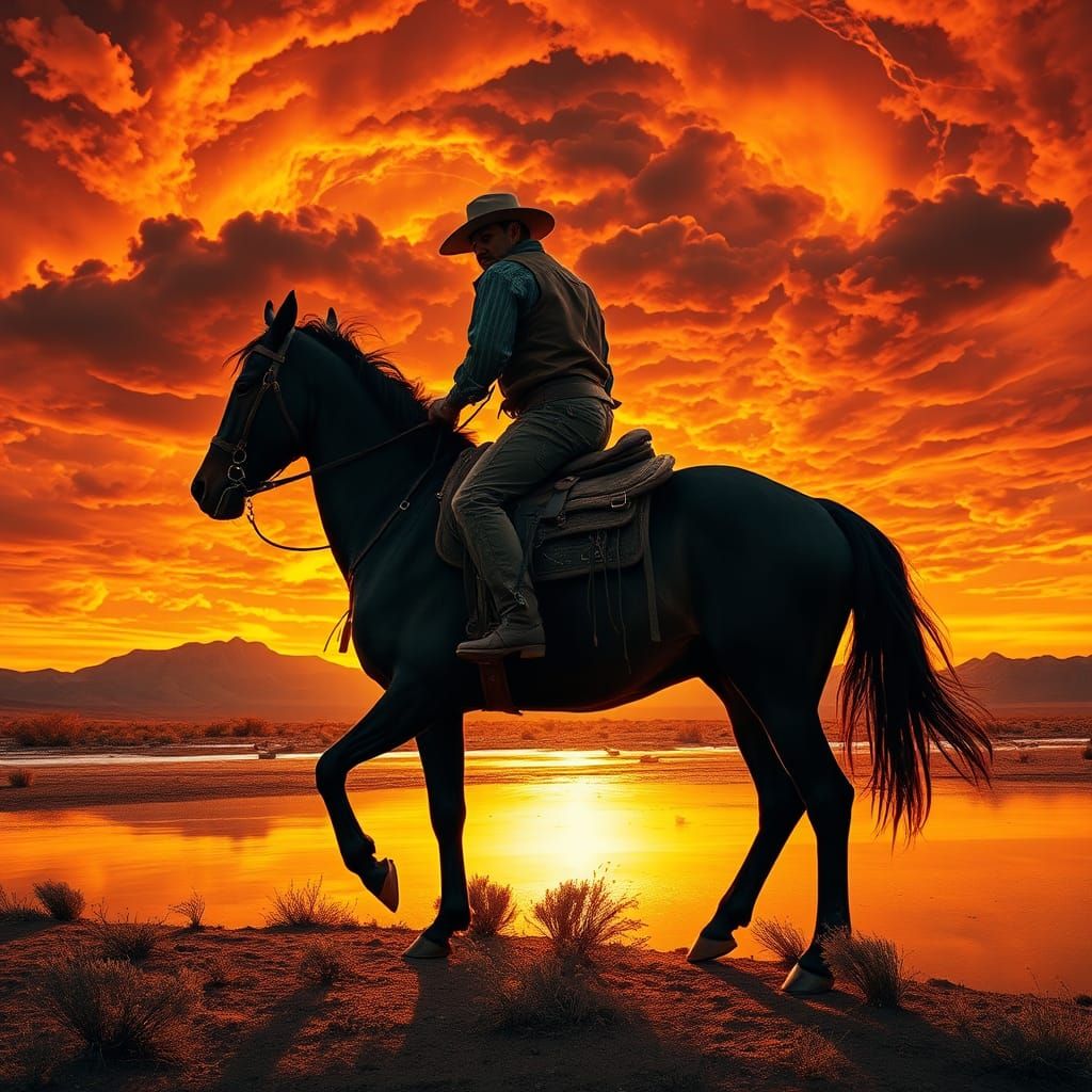 Cowboy Silhouette at Fiery Sunset