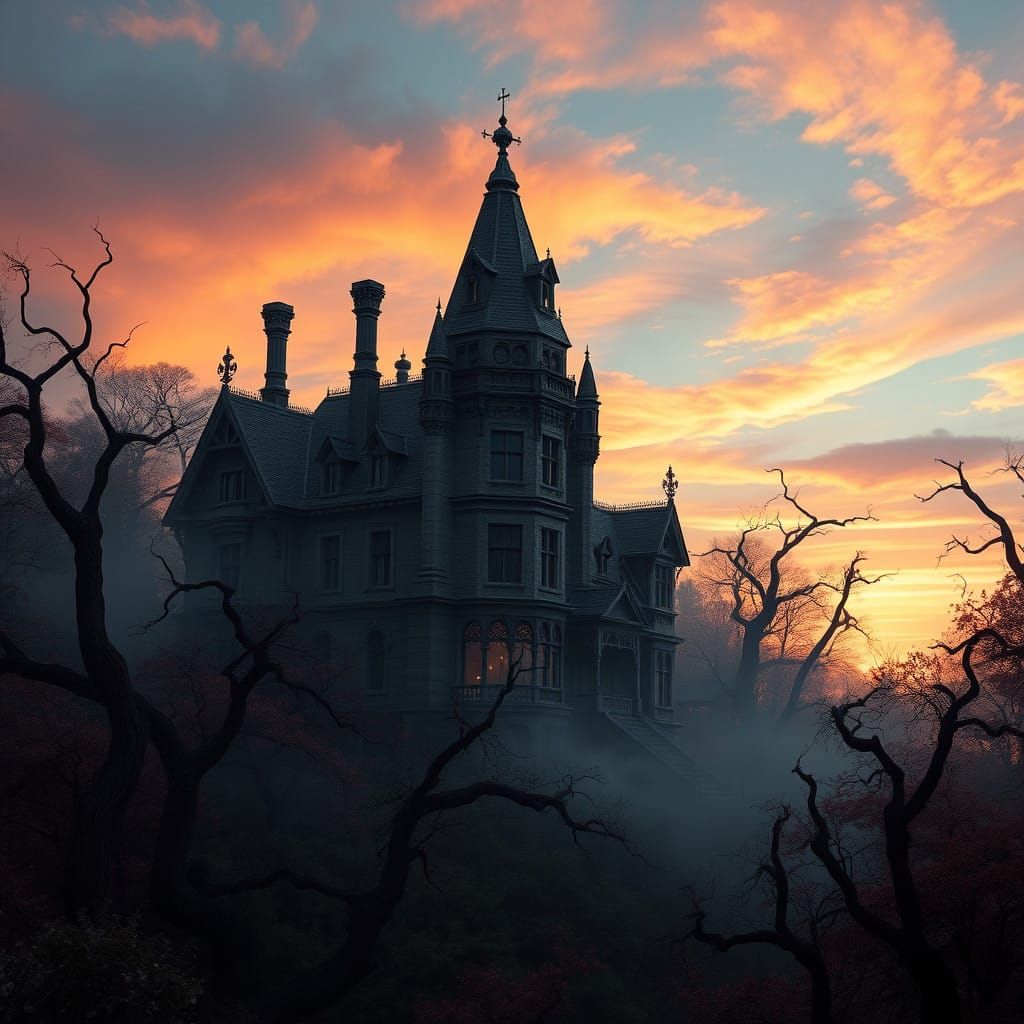 Ethereal Victorian Mansion in a Dense, Misty Forest at Sunse...