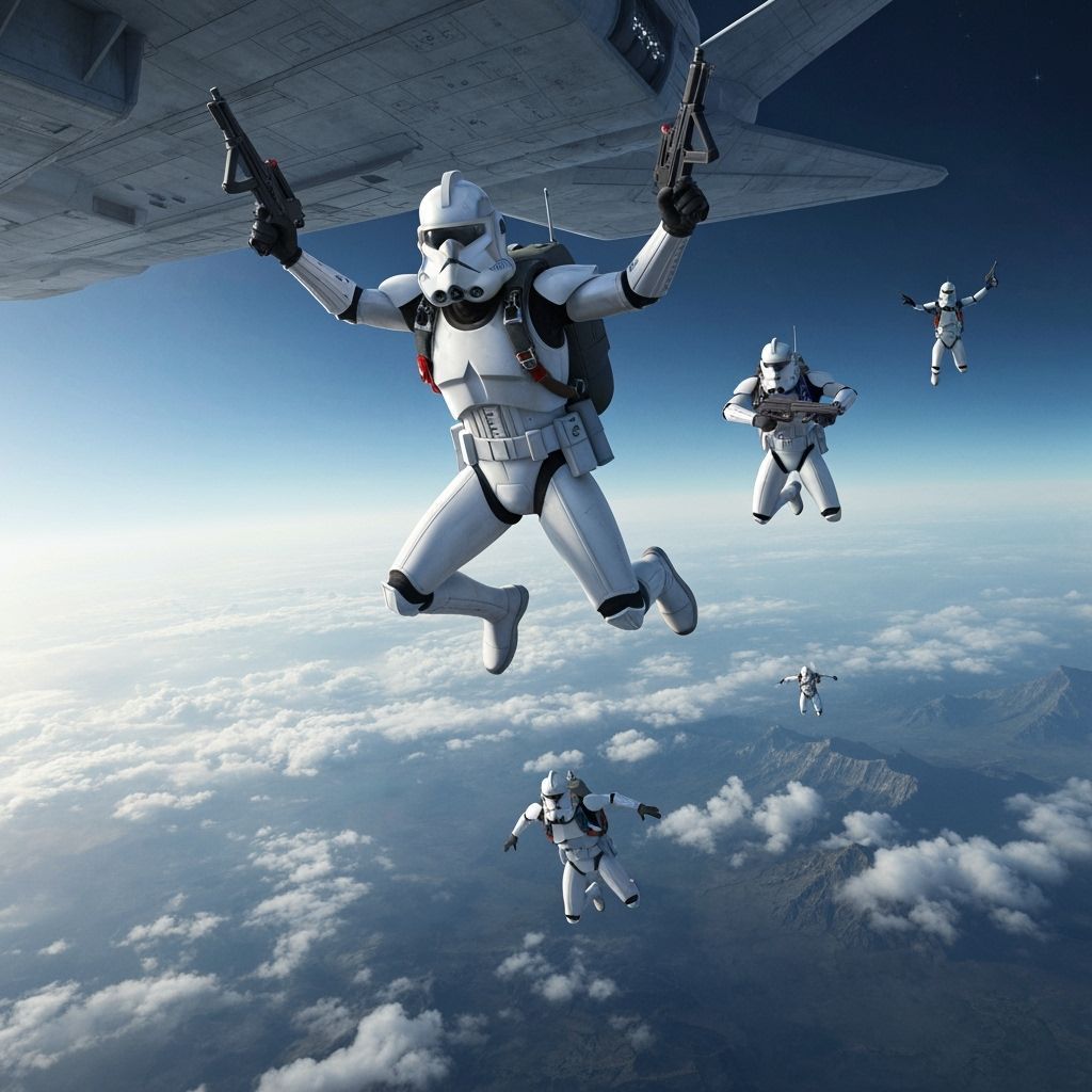 Clone Troopers Skydiving in Futuristic Concept Art Style
