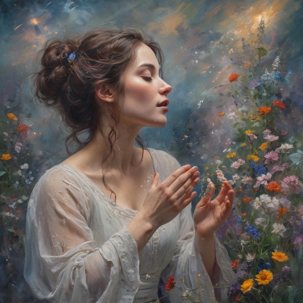 Ethereal Woman Weaving Magic: Neo-Impressionist Oil Painting