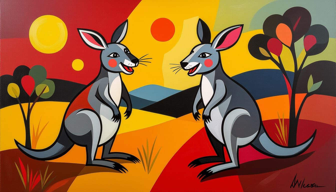 Laughing Kangaroos Oil Painting in Kandinsky Style