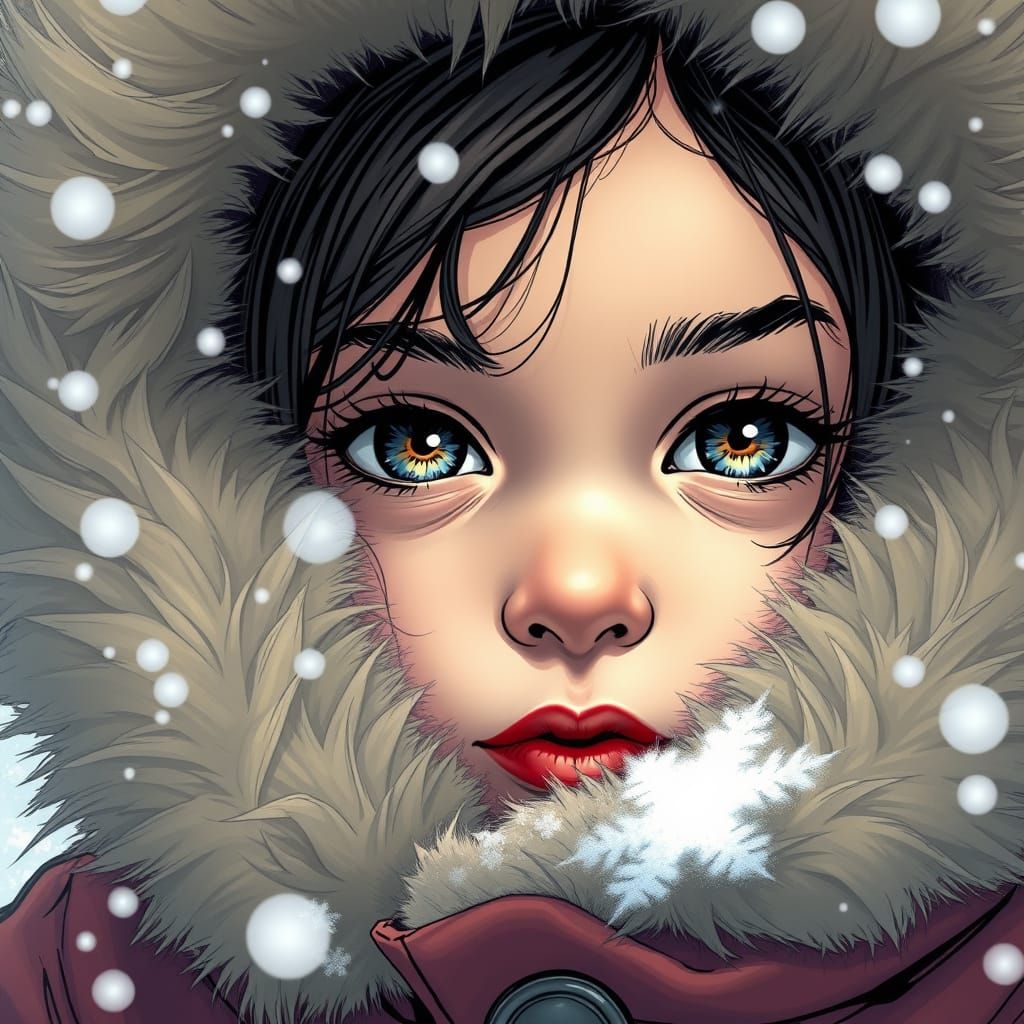 Girl in Furry Hood, Comic Book Style