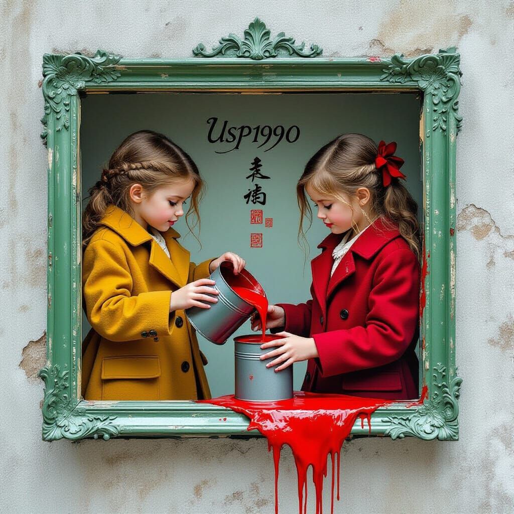 Twin Girls Emerging from Frames in Cinematic Surrealism