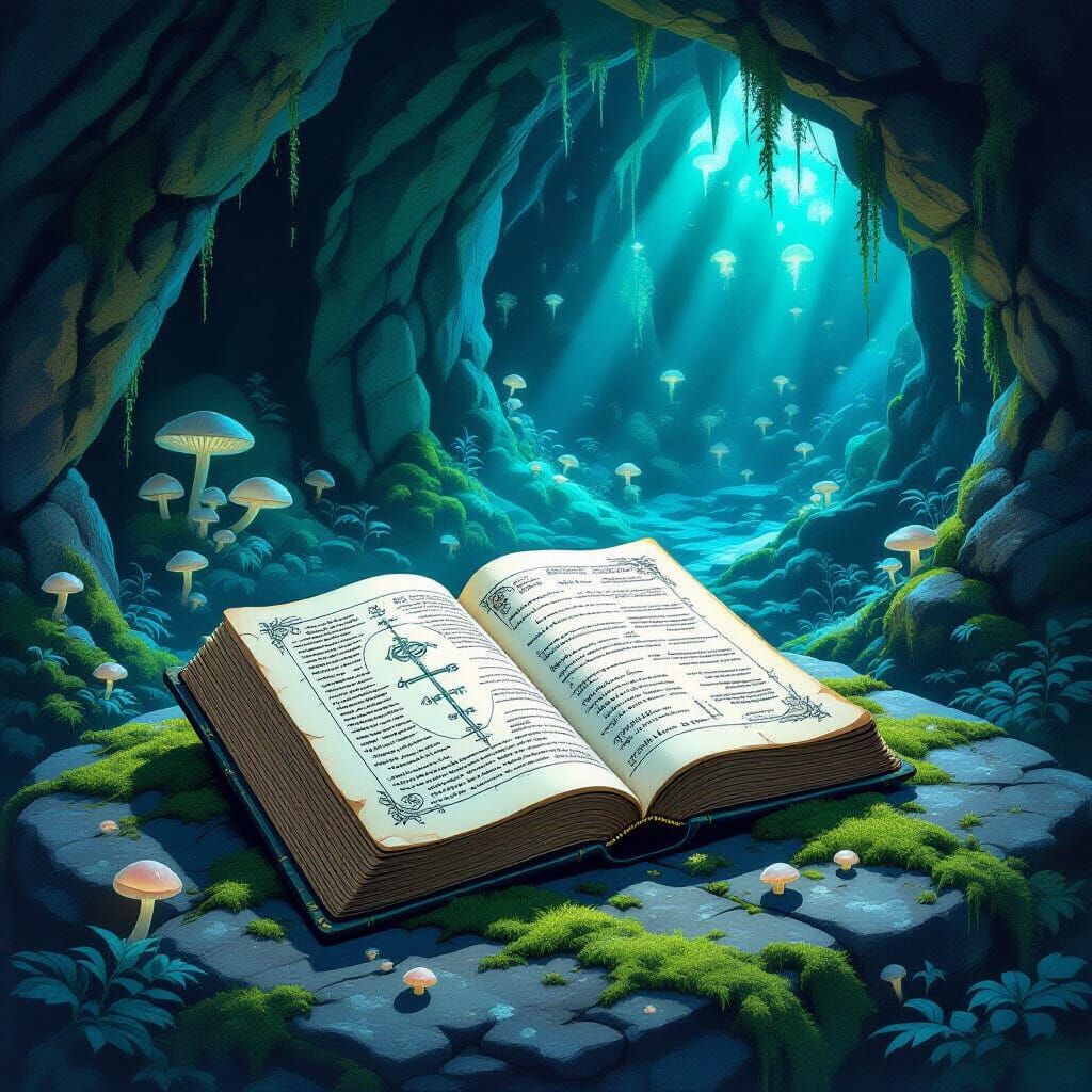 Mystical Grimoire in Grotto: Watercolor Bioluminescence