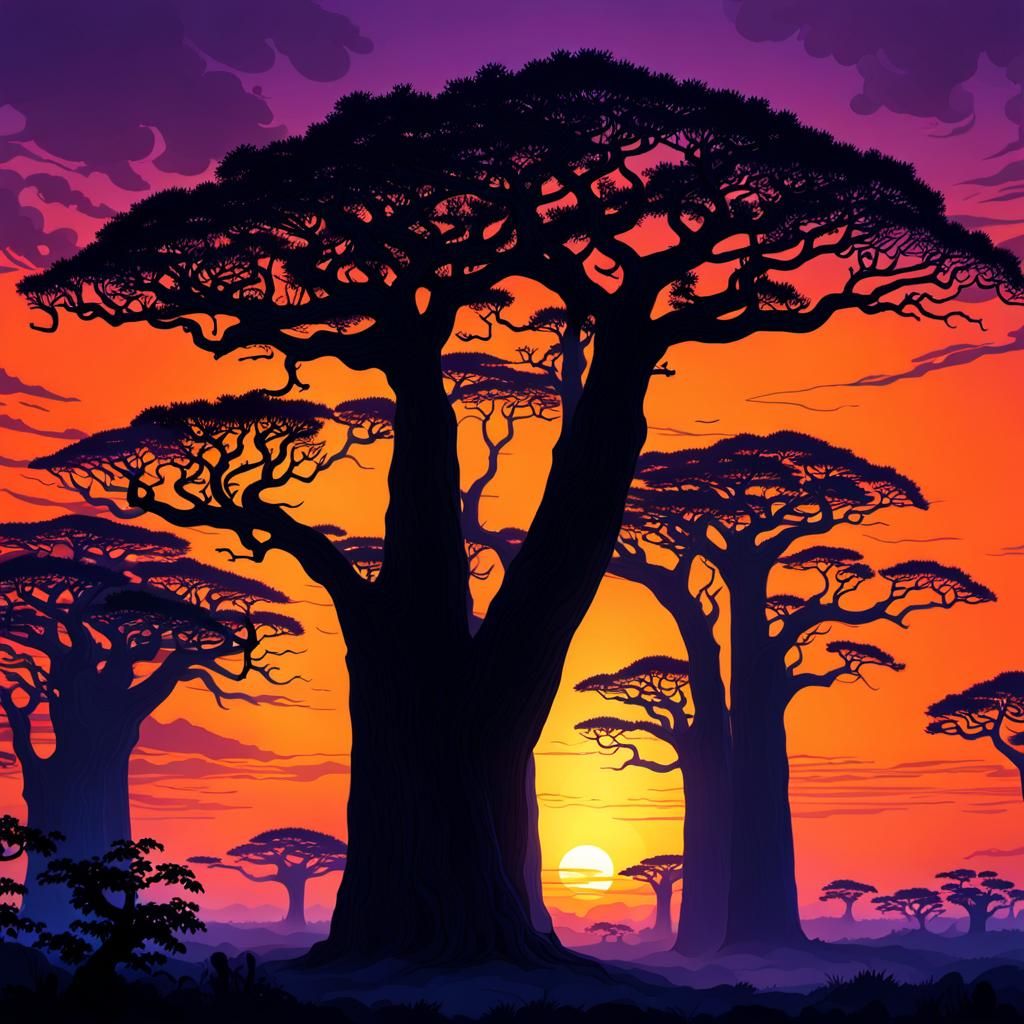 Baobab Trees at Sunset: Digital Matte Painting
