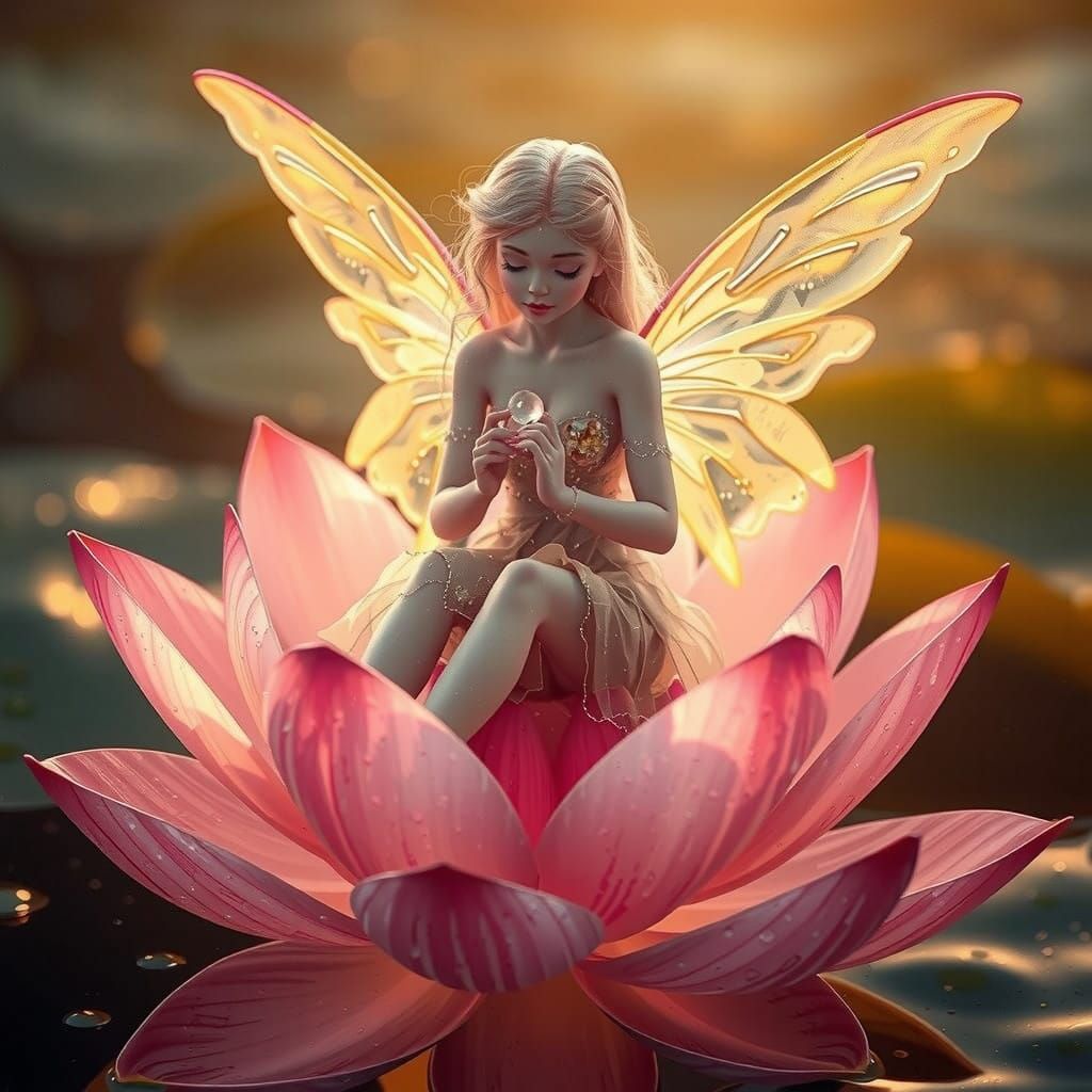 Whimsical Fairy on Water Lily Petals, in a Dreamy Artistic S...