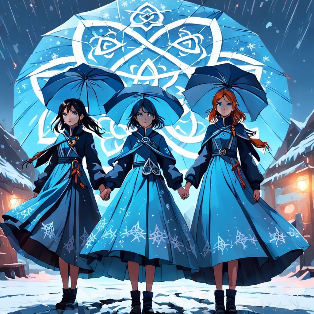 Three Women Gaze Upwards in Serene Winter Scene