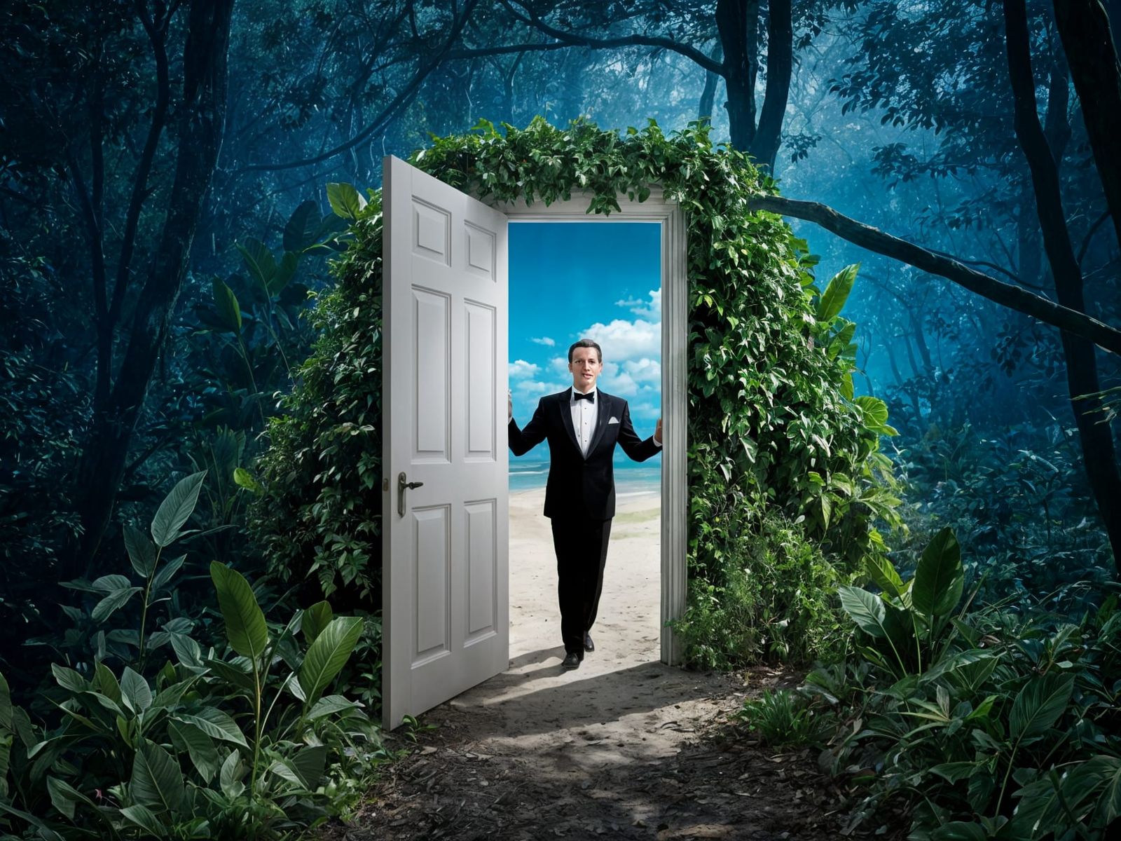 Jungle Portal Opens to Beach: Surreal Digital Art