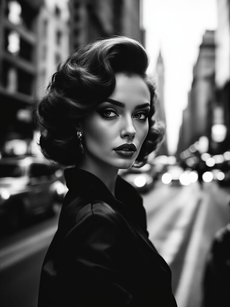 Monochrome Fashion Portrait: Elegant Woman on Vintage City S...