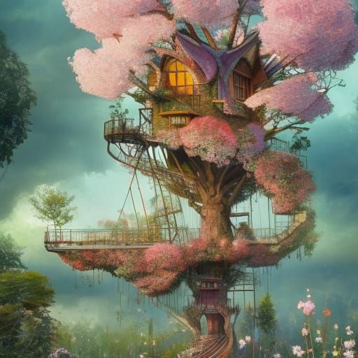 Magical Treehouse Amidst Flowers: Digital Illustration