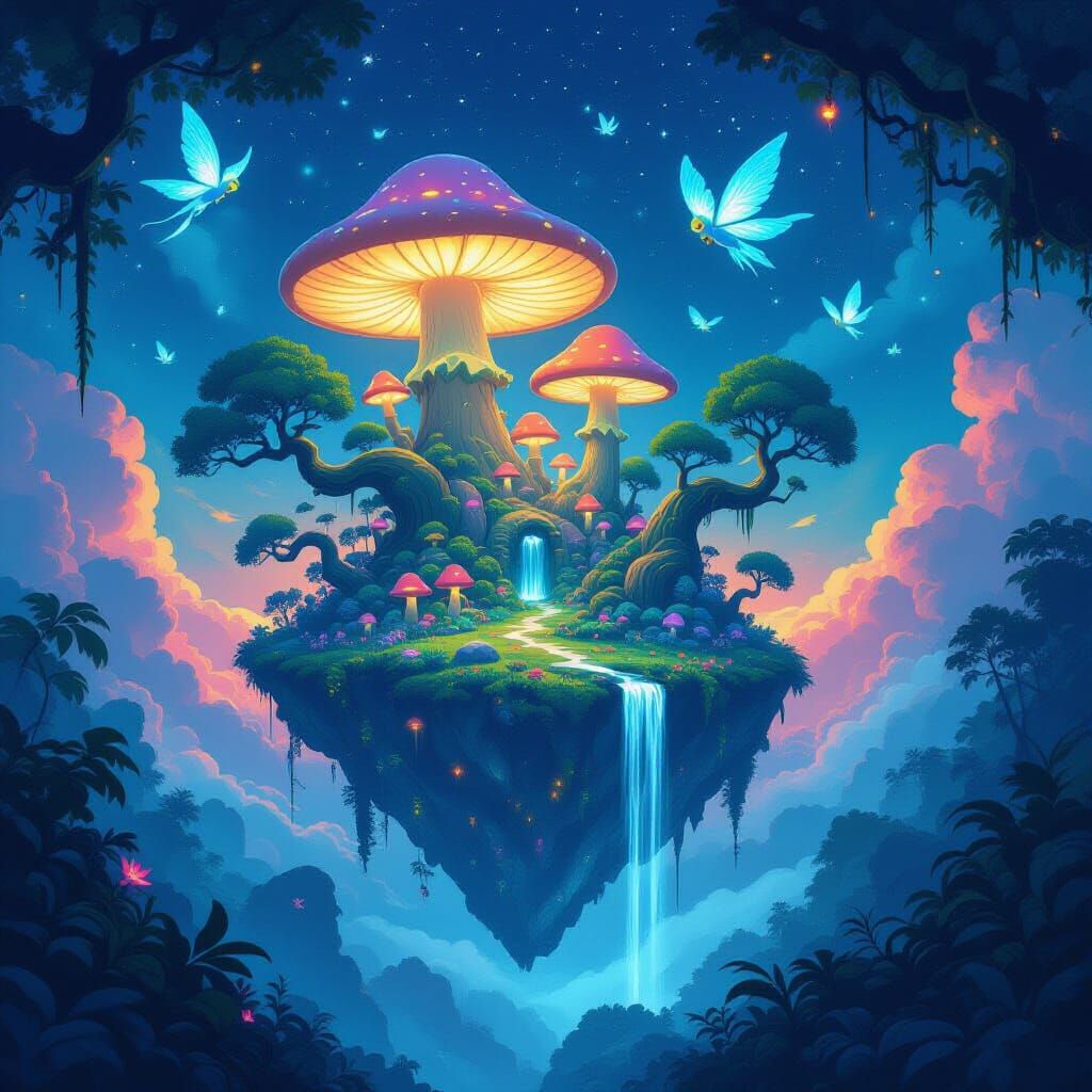 Bioluminescent Jungle on Floating Island in Twilight Sky