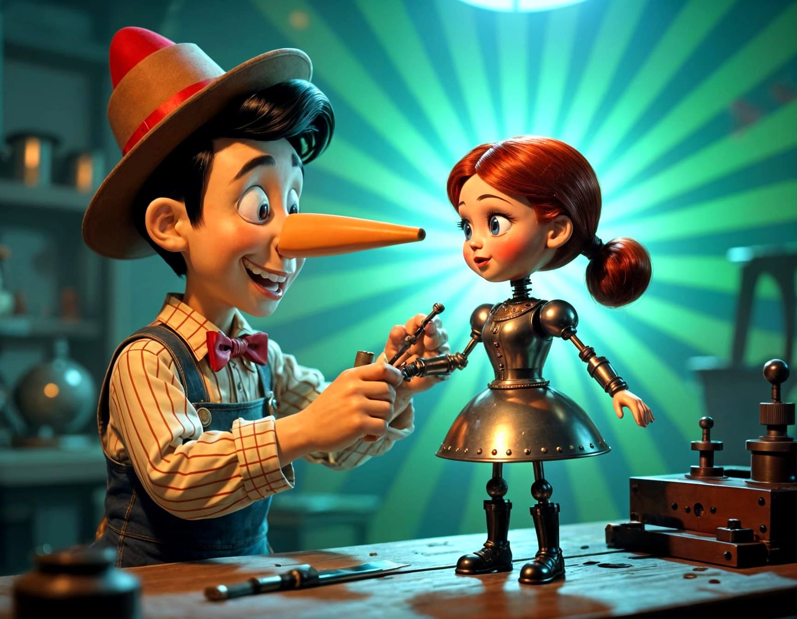 Pinocchio Assembling a Metal Doll in Steampunk Style