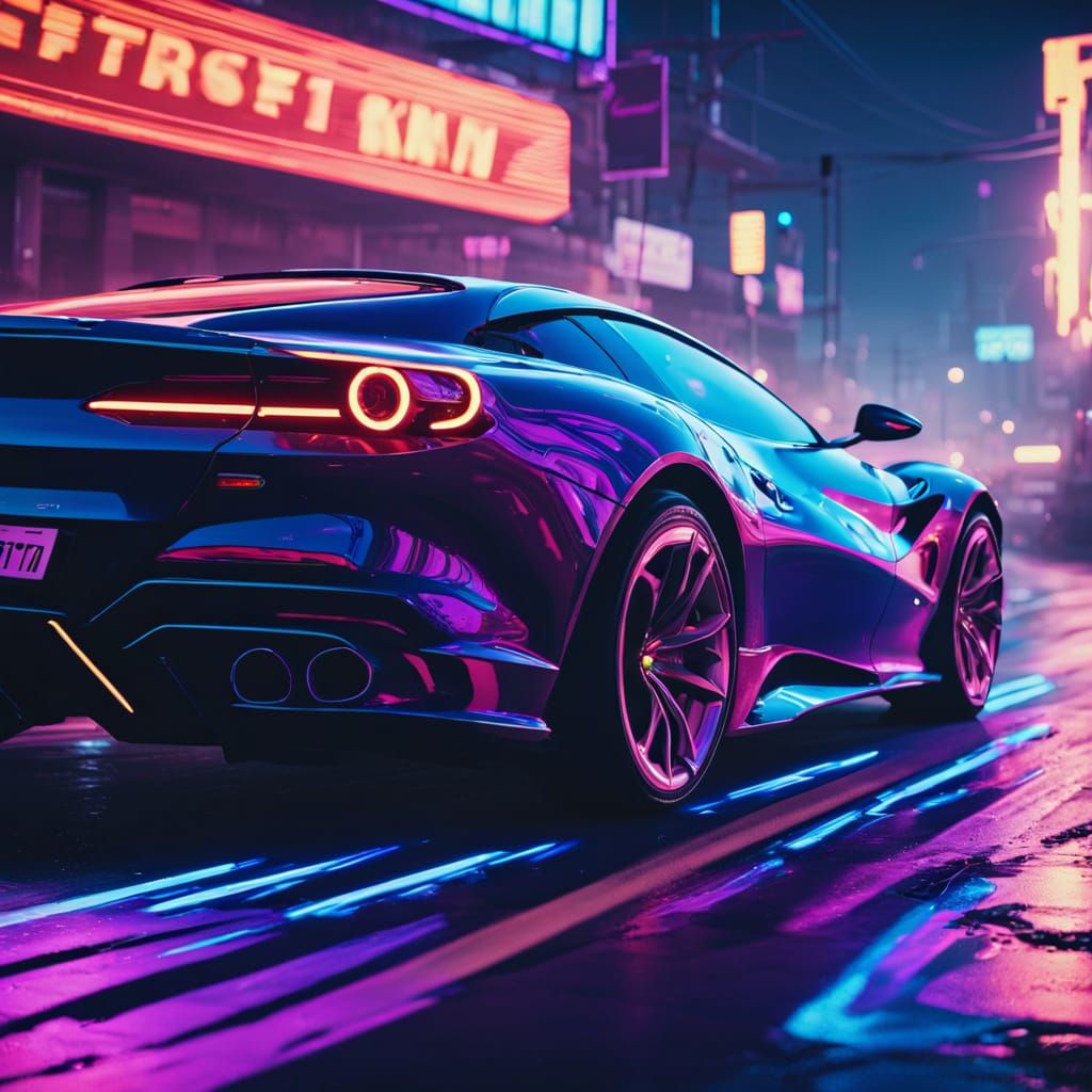 Cyberpunk Ferrari Roma Speeds Through Neon Cityscape at Nigh...