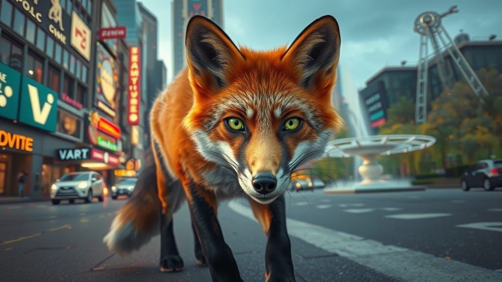 Fox in Futuristic Cityscape with Serene Green Park