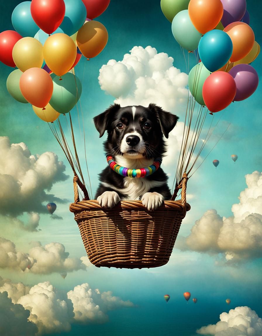 Dog's Balloon Journey: Surreal Digital Art