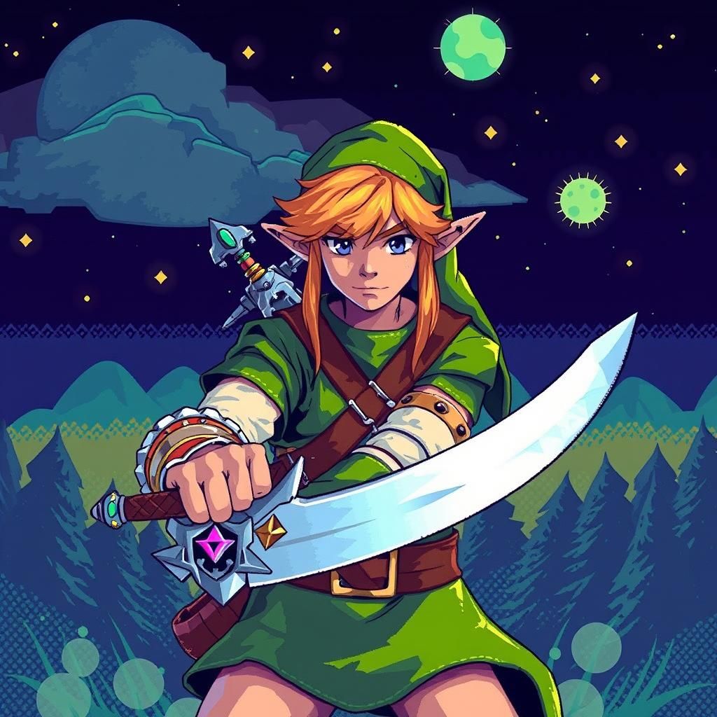 Zelda Hero with Master Sword in 8-bit Cubist Style