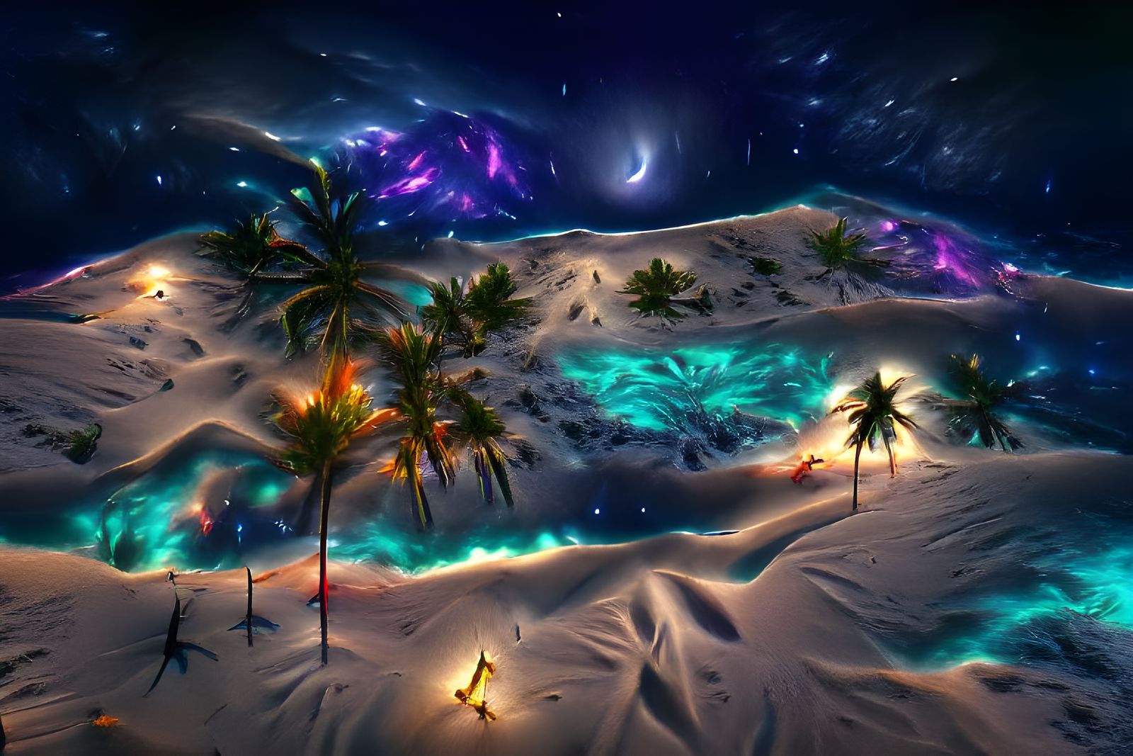 Cosmic Beach Under the Stars: Astral Illustration