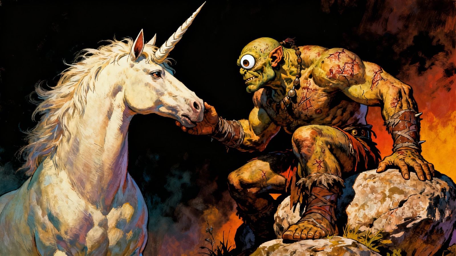 Cyclops and Unicorn in Vibrant Fantasy Art